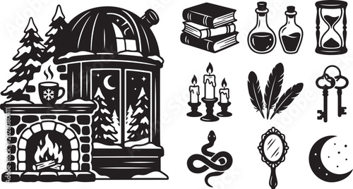 Mystical winter cabin icons. Magic alchemy vector set.