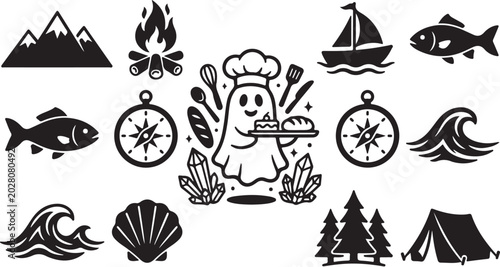 Outdoor adventure icons, camping and cooking vector set