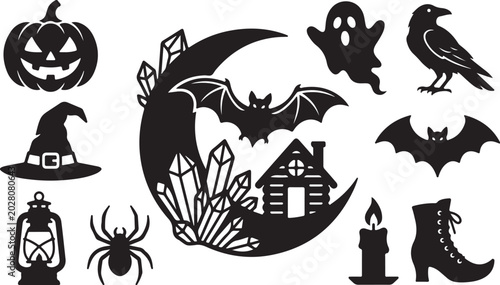 Halloween silhouette icons, spooky vector set