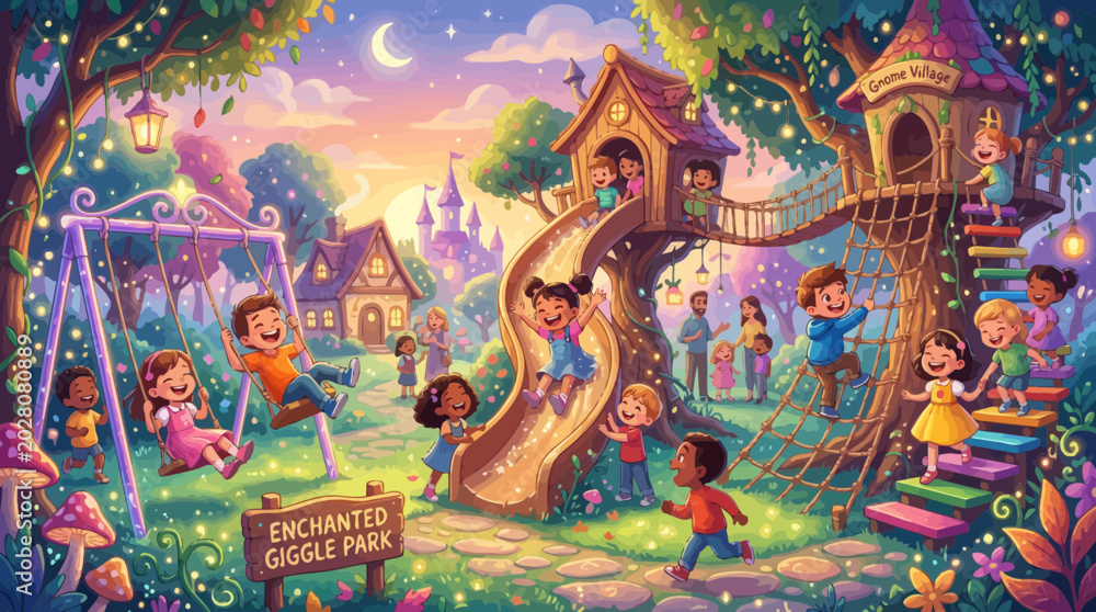 Fototapeta premium Whimsical illustration of children playing happily in an enchanted park with treehouses, slides, and swings under a magical sky at dusk.