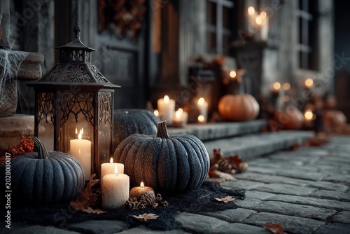 Halloween pumpkins with candles and spooky decorations at night