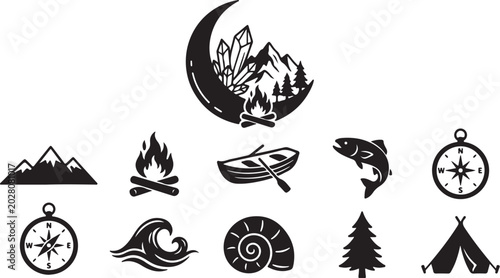 Outdoor adventure icons, 11 nature camping vector set