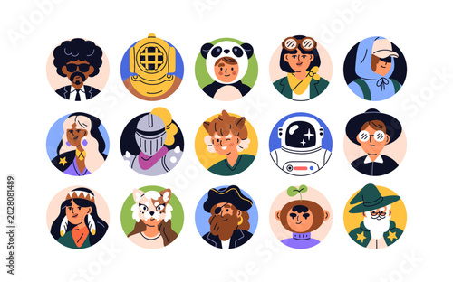 Funny characters, face avatars set. Creative whimsical quirky user profiles i...