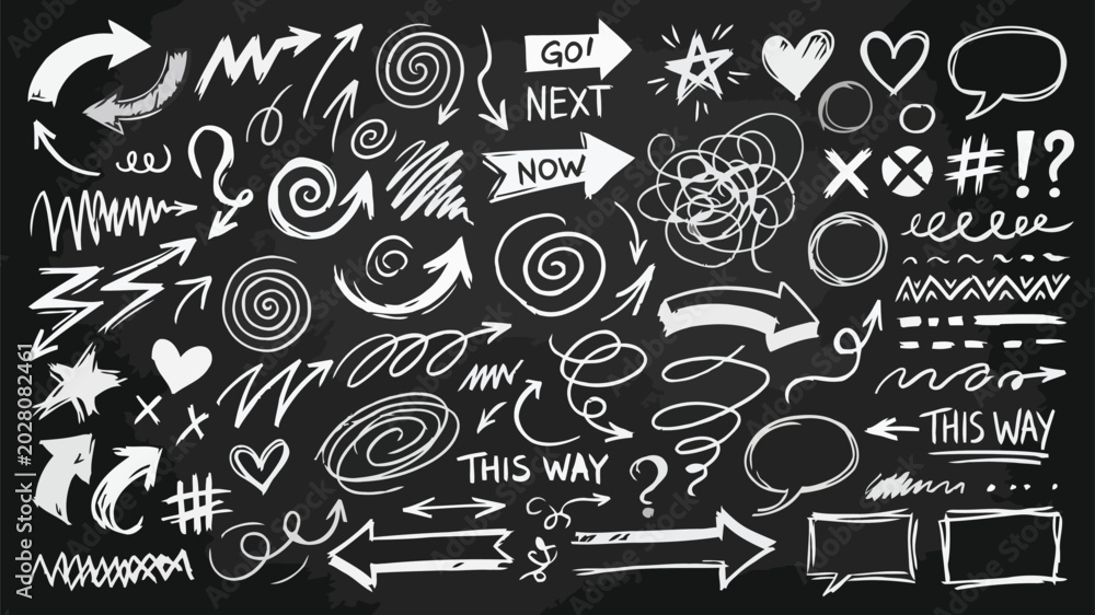 Naklejka premium Hand drawn doodle arrows, speech bubbles, hearts, and decorative elements on a black chalkboard background