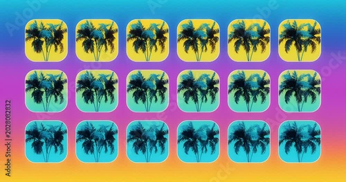Synthwave palm tree pattern animation on neon gradient background, colorful seamless loop of retro miami style tropical trees, outrun and vaporwave motion graphic background