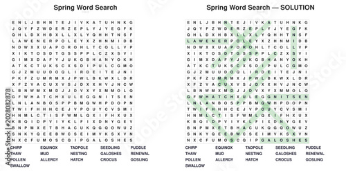 Spring word search puzzle worksheet. Hard seasonal vocabulary activity with answer key side by side. Educational printable for classroom teachers and homeschooling