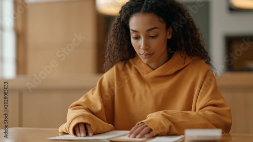 Naklejka Unrepresented litigant organizing handwritten notes and receipts at small claims court wooden table, self-represented plaintiff preparation, community courthouse interior, everyday justice access, c