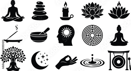 Foto Yoga and Meditation Silhouette Icon Set with Lotus Flower, Zen Stones, Healing S