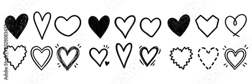 Konstfotografi A playful black crayon hand drawn hearts collection featuring childish doodled love symbols, rough brush stroke romance elements, and sketchy expressive shapes illustrated in a bold grunge style