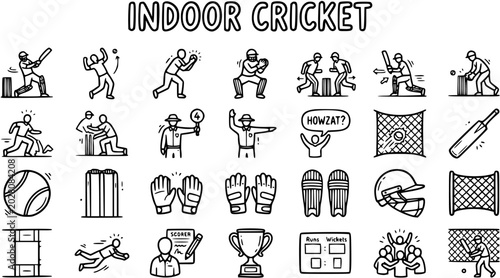 Fényképezés Indoor Cricket Hand Drawn Doodle Outline Icons Set