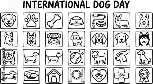 Tableau sur toile International Dog Day Icons: Cute Black and White Line Art for Pet Lovers and Bu