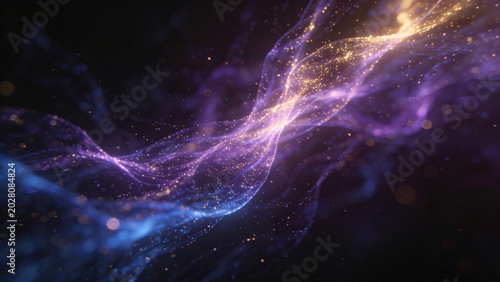 ethereal firework explosion captured in slow motion, creating abstract patterns of gold and purple sparks against velvet black sky