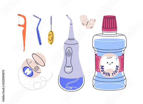 Dental and oral care accessories set. Floss pick, toothpick brush, flosser, t...
