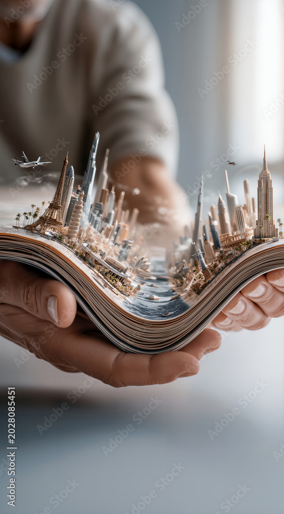Fototapeta premium Travel adventure scene. Dynamic illustration of journeying through urban landscapes and skies above