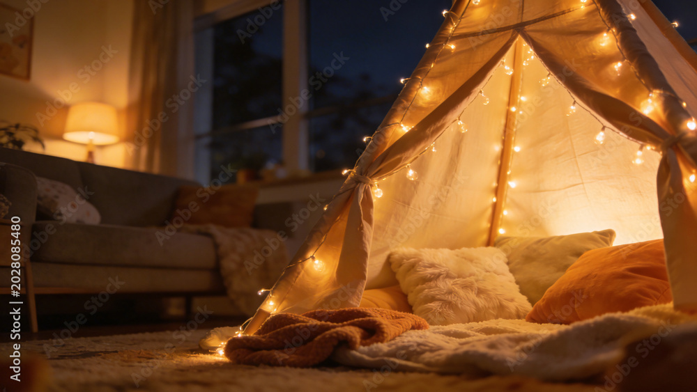 Fototapeta premium Tent indoor bedroom camping fun tipi sleep over childrens bedroom interior warm lighting.