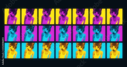Pop art cat person pattern animation on grid background, colorful seamless loop of retro neon kitten head characters, vaporwave and funny meme style motion graphic background