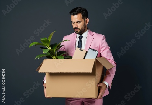 Man in Pink Suit Holding Cardboard Box with Plant and Electronics