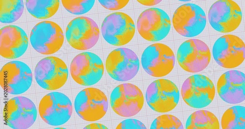 Pop art planet earth pattern animation on grid background, colorful seamless loop of retro neon globe continents, vaporwave motion graphic background