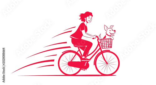 Cuadro en lienzo Happy woman riding bicycle quickly with dog in basket