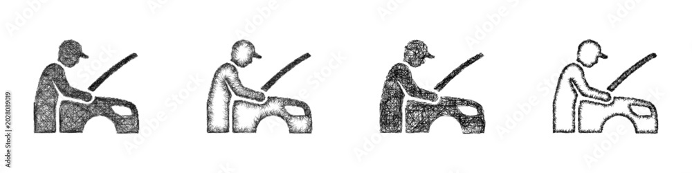 Fototapeta premium Monochrome sketch car mechanic logo design set