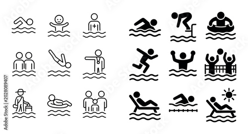 Swimming and water activity icons grid with figures