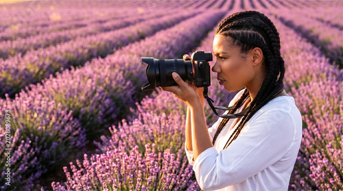 Woman with camera in purple lavender field at golden hour for banner background and nature travel wallpaper