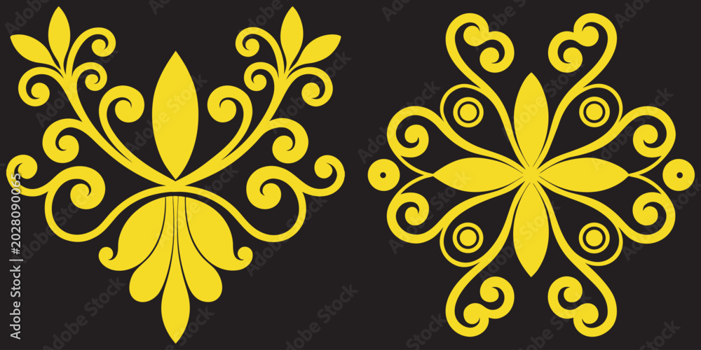 Fototapeta premium Yellow decorative floral and scrollwork elements.