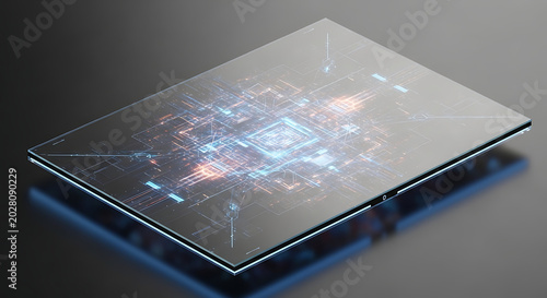 Futuristic transparent technology plate with glowing digital circuit