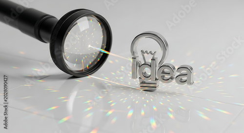 Flashlight Beam Focusing on Silver Idea Light Bulb Symbol 3D Render