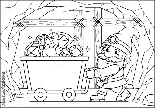Dwarf pushing mine cart full of gems coloring page