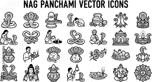 Bild auf Leinwand Nag Panchami Vector Icons: Snake, Deity, Worship, Hindu Culture, Line Art