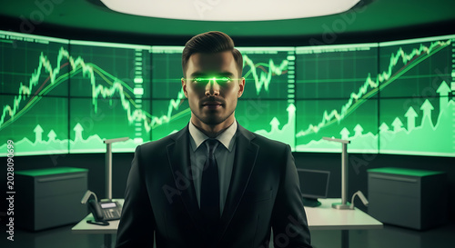 Futuristic Crypto Trader with Glowing Eyes and Stock Market Charts