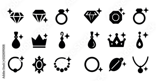Jewelry and gem icons arranged on white grid layout