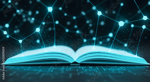 Futuristic Glowing Open Book with Digital Network Connections and AI
