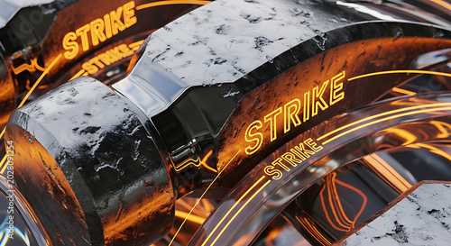 Futuristic industrial metal hammer with glowing orange strike text