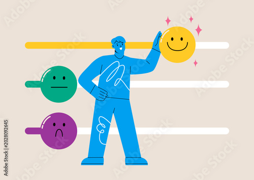 Man moves slider bar emotions in direction of good mood. Slider bar for feeling or emotion. Colorful vector illustration