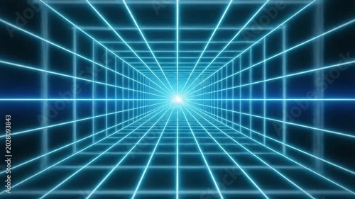 Virtual Reality Moving through a seamless neon blue glowing grid perspective tunnel background