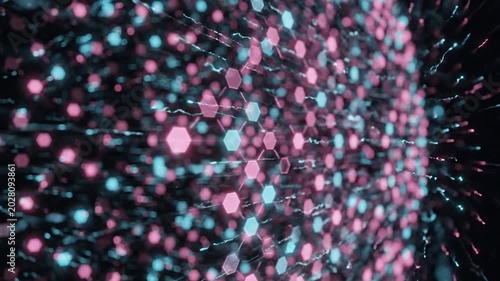 Abstract Technology Creative motion graphics of floating pink and blue hexagonal shapes exploding