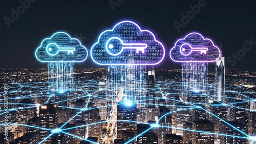Cloud Security Glowing cloud icons with data keys hovering over a dark city skyline at night