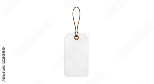 Minimalist blank tag with rope loop hanging against plain background