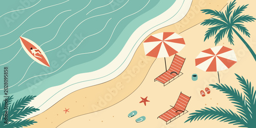 Schilderij op canvas Summer beach relaxation scene with sun loungers and ocean view flat design