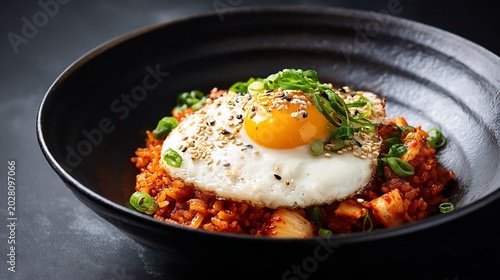Korean food kimchi fried rice Korean cuisine spicy rice egg scallion crispy texture wok style minimal composition top view clean background