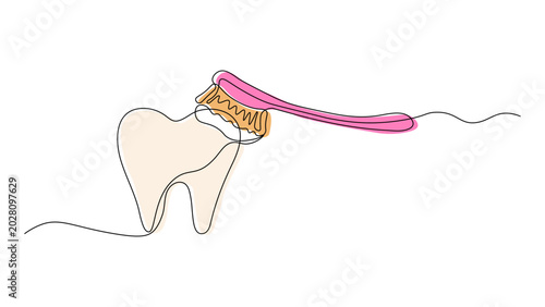 Continuous line drawing of a tooth being brushed with toothpaste, dental hygiene concept, oral care routine, health and wellness, preventive care