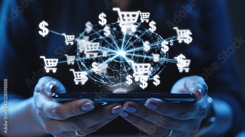 Digital Ecommerce Hands holding smartphone with floating holographic shopping carts and dollar currency icons