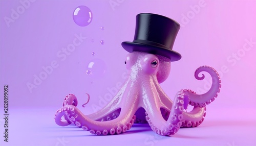 Cute Purple 3D Cartoon Octopus Wearing a Hat on Purple Background