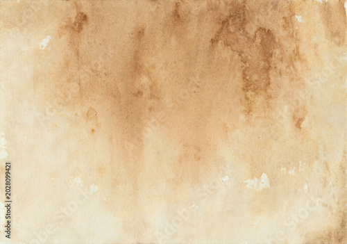 Vintage brown coffee stain watercolor texture background with abstract vertical wash
