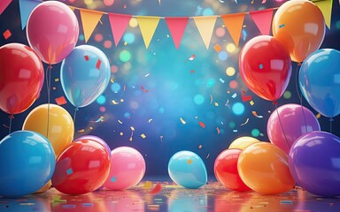 Colorful balloons and bunting flags on a festive party background