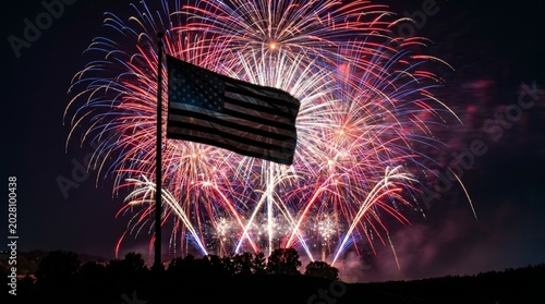 Bild auf Leinwand American flag waving against a backdrop of vibrant fourth of july fireworks