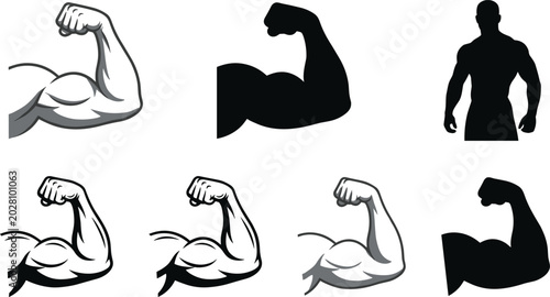 Photos Bodybuilder muscle arm and fitness silhouette icons set with flexing biceps stre