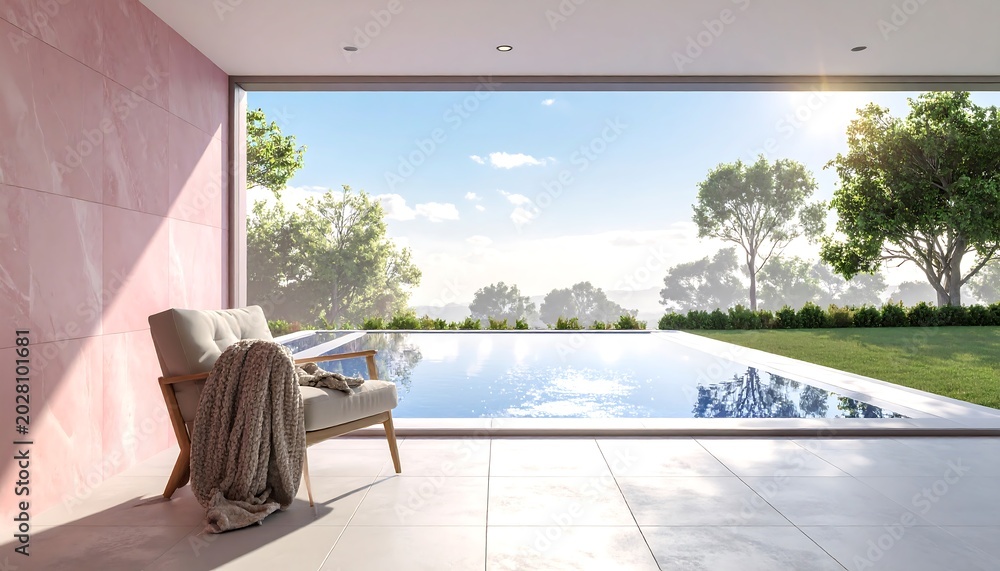 Fototapeta premium An inviting, cozy reading nook inside a luxurious modern pavilion hallway, perfectly positioned next to a sparkling outdoor swimming pool and a lush green lawn garden. The beautifully designed space